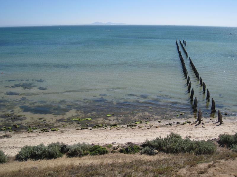Clifton Springs - Adrian Mannix Reserve and views of Clifton Springs Boat Harbour: View down to dismantled pier from reserve