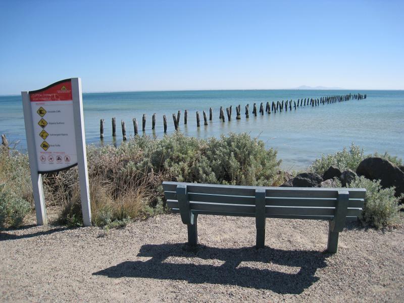 Clifton Springs - Beach near dismantled pier on western side of Clifton Springs Boat Harbour: View along dismantled pier from near boat harbour