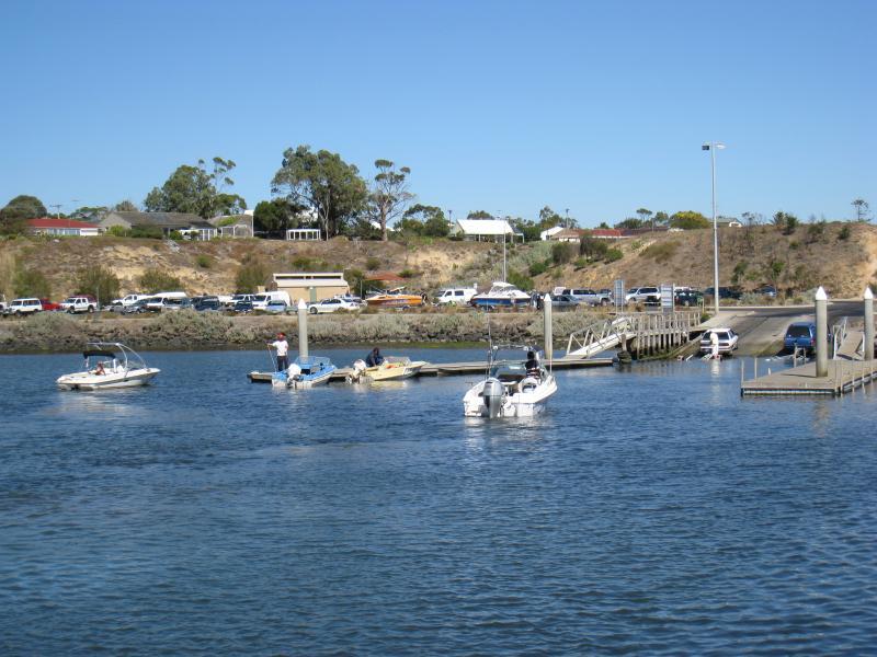 Clifton Springs - Clifton Springs Boat Harbour - View of harbour breakwater and Adrian Mannix Reserve above from breakwater
