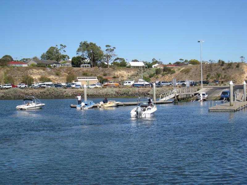 Clifton Springs - Clifton Springs Boat Harbour: View of harbour breakwater and Adrian Mannix Reserve above from breakwater