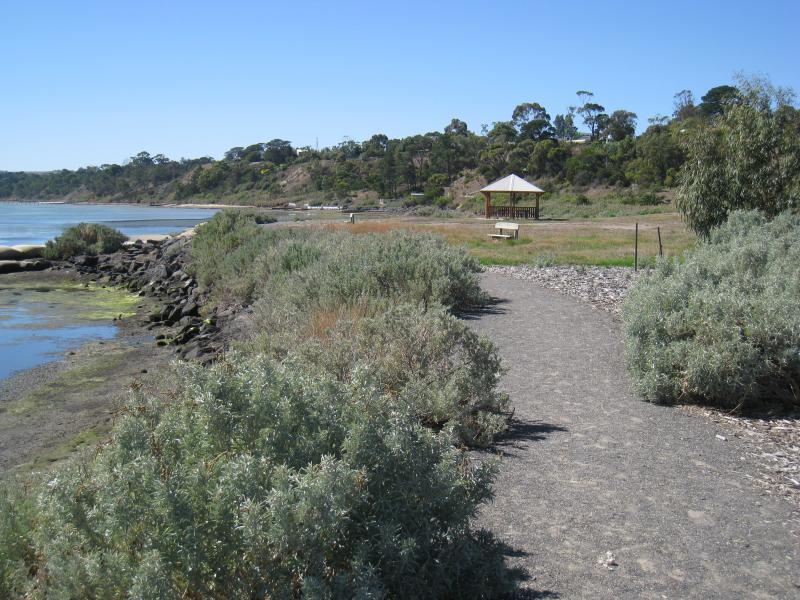 Clifton Springs - Parkland along coast, eastern side of Clifton Springs Boat Harbour: View east along southern side of harbour towards parkland