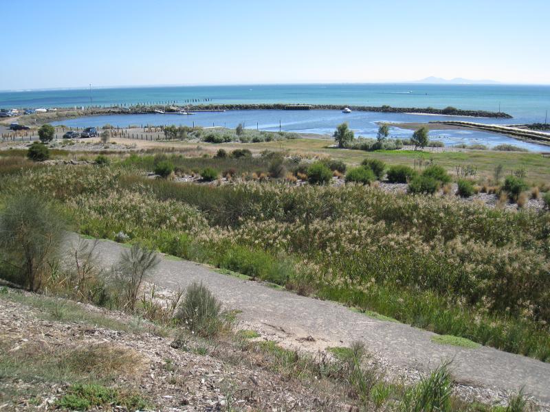 Clifton Springs - Parkland along coast, eastern side of Clifton Springs Boat Harbour: View of parkland and harbour from pathway up to harbour access road