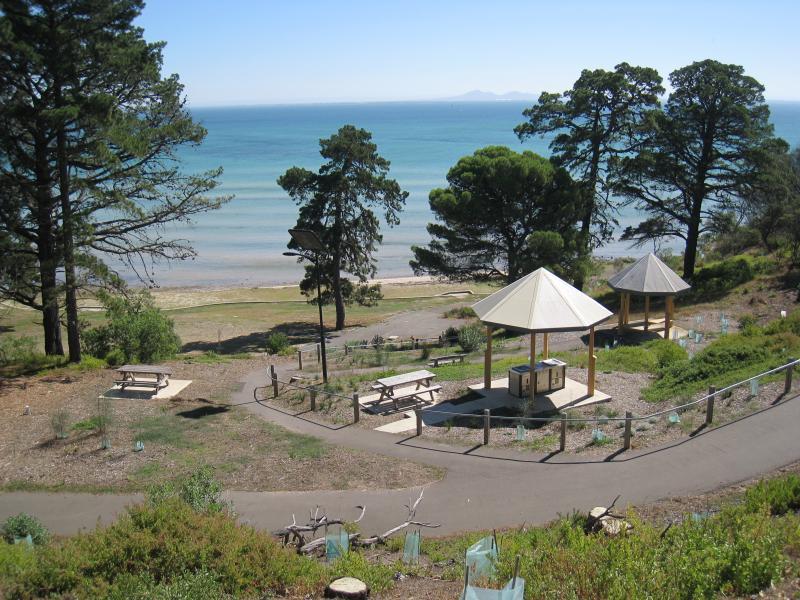 Clifton Springs - The Dell Picnic Area, northern end of Springs Street: View north-west over picnic area and towards bay from path at top of cliffs