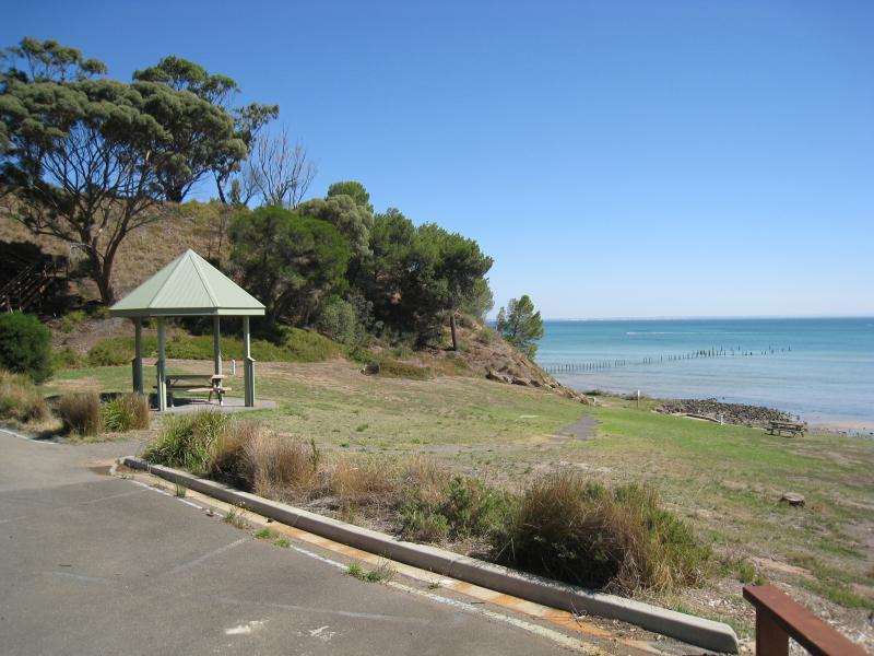 Clifton Springs - The Dell Picnic Area, northern end of Springs Street: BBQ shelter overlooking lawn and beach in picnic area