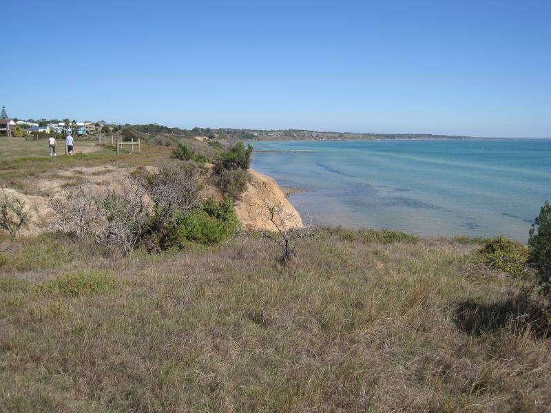 Clifton Springs - Coastline around Beacon Point, northern end of Beacon Point Road: View south-west along coast, foreshore reserve along Edgewater Dr