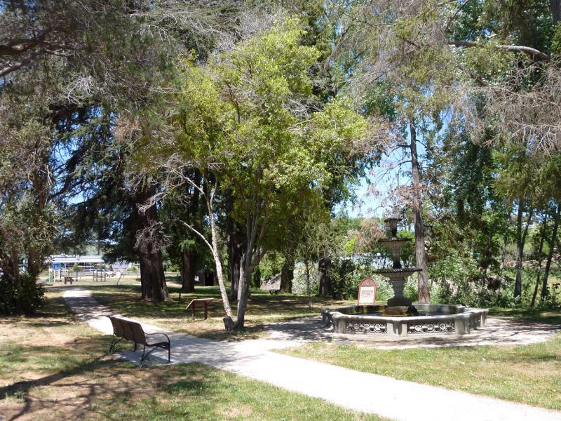 Clunes - Queens Park, Ligar Street: South-east view through park towards fountain
