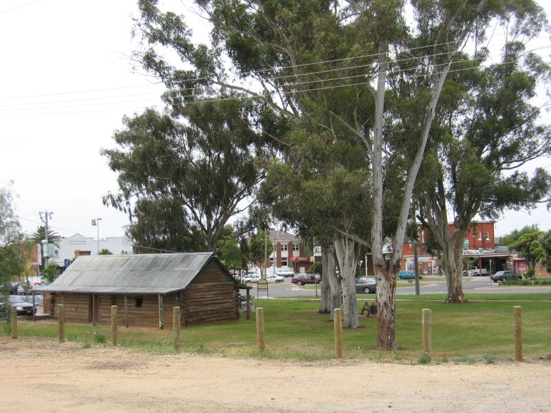 Cobram - Old railway station and adjacent gardens, Punt Road: View from old railway station towards Log Cabin