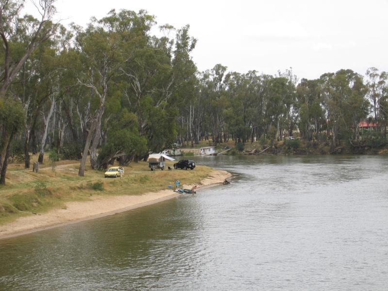 Cobram - Bridge across Murray River and surroundings: View south along Murray River from bridge towards ski beach in Barooga New South Wales
