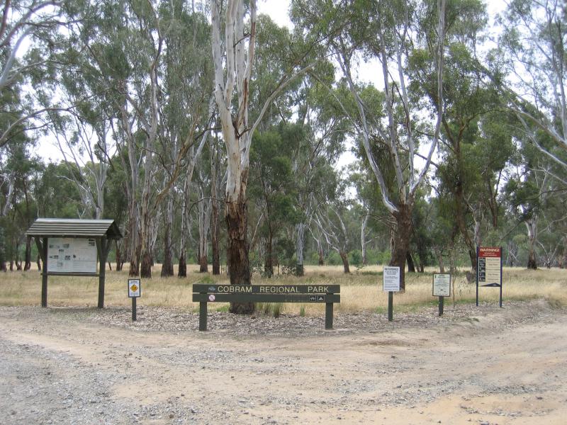 Cobram - Cobram Regional Park (State Forest) north of Wondah Street: View north along Wondah St at entrance to Cobram Regional Park