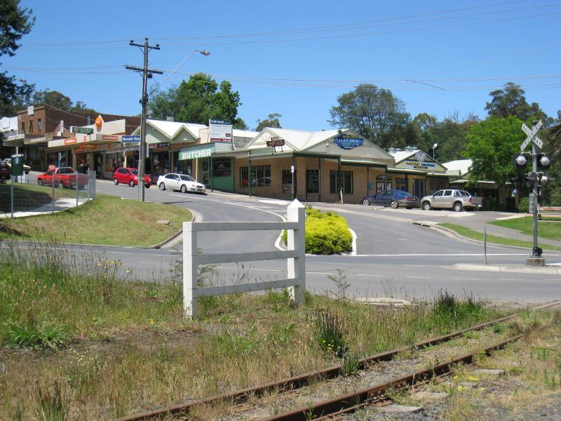 Cockatoo - Shops and commercial centre, McBride Street: View east across railway crossing on Pakenham Rd towards McBride St