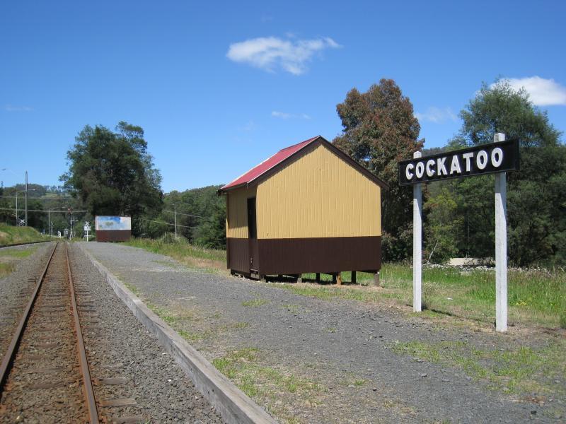 Cockatoo - Puffing Billy stream train through Cockatoo: View south along Cockatoo station platform of Puffing Billy railway