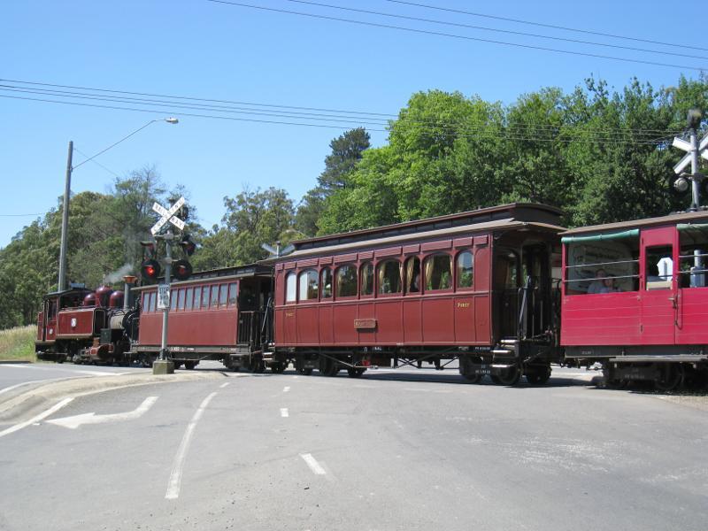 Cockatoo - Puffing Billy stream train through Cockatoo: Puffing Billy crossing Pakenham Rd at McBride St