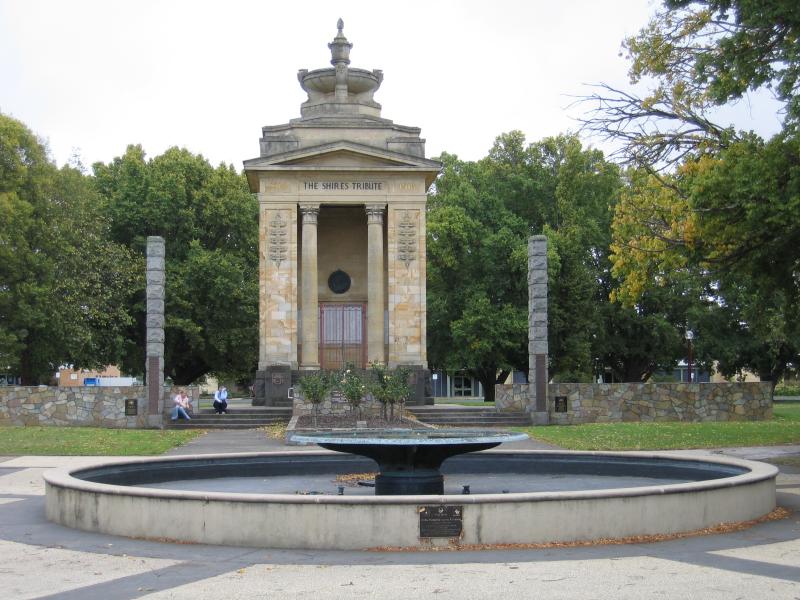 Colac - Memorial Square, Murray Street: The Shires Tribute memorial and fountain, viewed from Murray St