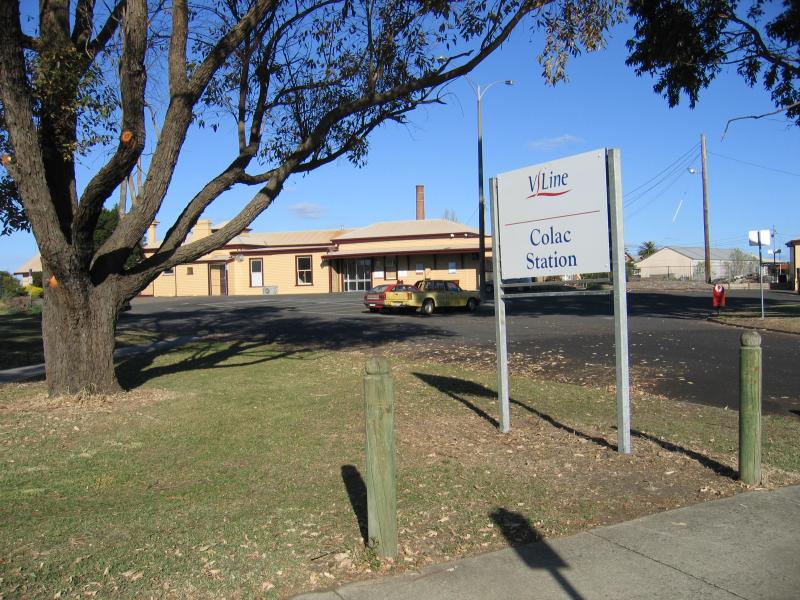 Colac - Around Colac: Entrance to Colac railway station, corner Gellibrand St and Railway St