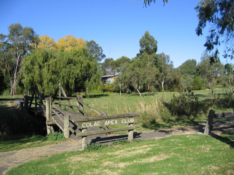 Colac - Lake Colac near Botanic Gardens: Colac Apex Club gardens, bridge across Barongarook Creek opposite Botanic Gardens
