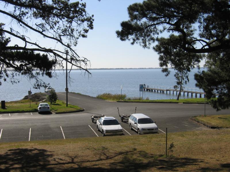 Colac - Lake Colac near Botanic Gardens: View towards boat ramp and jetty