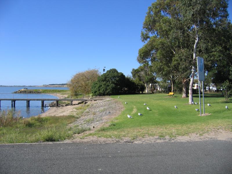 Colac - Lake Colac near Botanic Gardens: View east along foreshore towards jetty