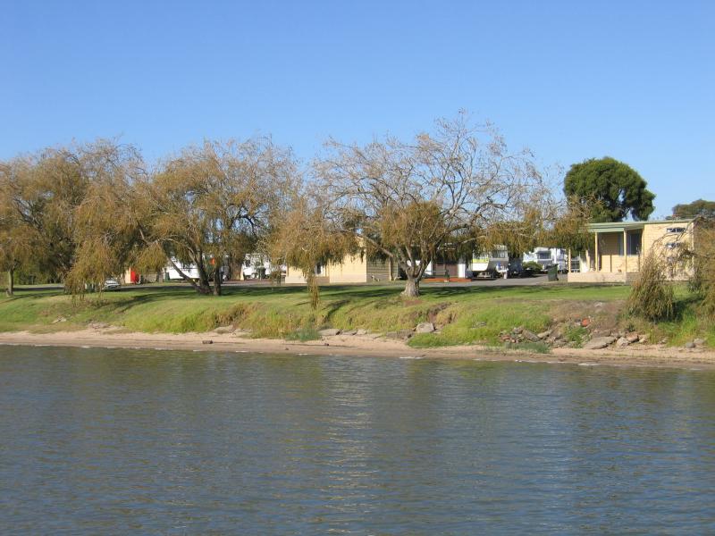 Colac - Lake Colac near Botanic Gardens: View towards caravan park from jetty