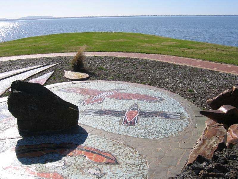 Colac - Lake Colac near Botanic Gardens: Tachyglossus foreshore mosaic and view of Lake Colac