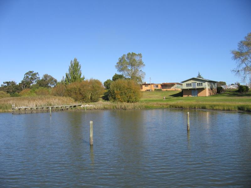 Colac - Lake Colac near Yacht Club and Lawn Bowls off Queens Avenue: View towards foreshore and Yacht Club from jetty