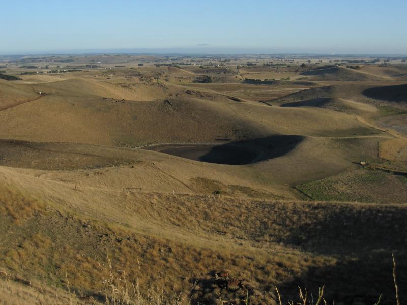 Colac - Red Rock main lookout: Southerly view across volcanic landscape from car park