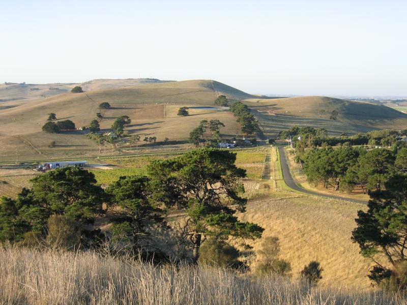 Colac - Red Rock memorial dial and lookout: View towards Red Rock Winery from road to memorial dial