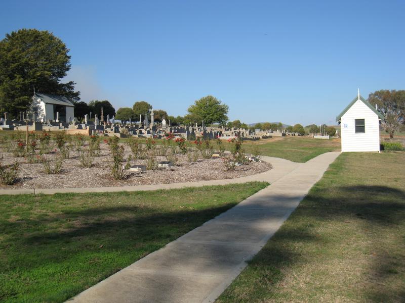 Corryong - Corryong cemetery and surroundings: Rose gardens in cemetery viewed from Memorial La