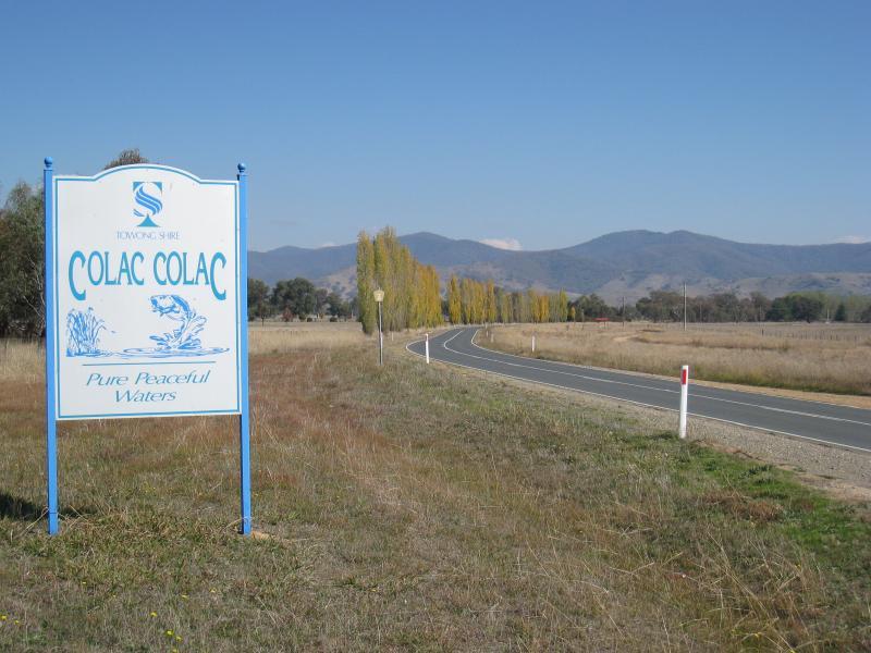 Corryong - Town of Colac Colac, Murray Valley Highway west of Corryong: Colac Colac town sign, view west along Murray Valley Hwy