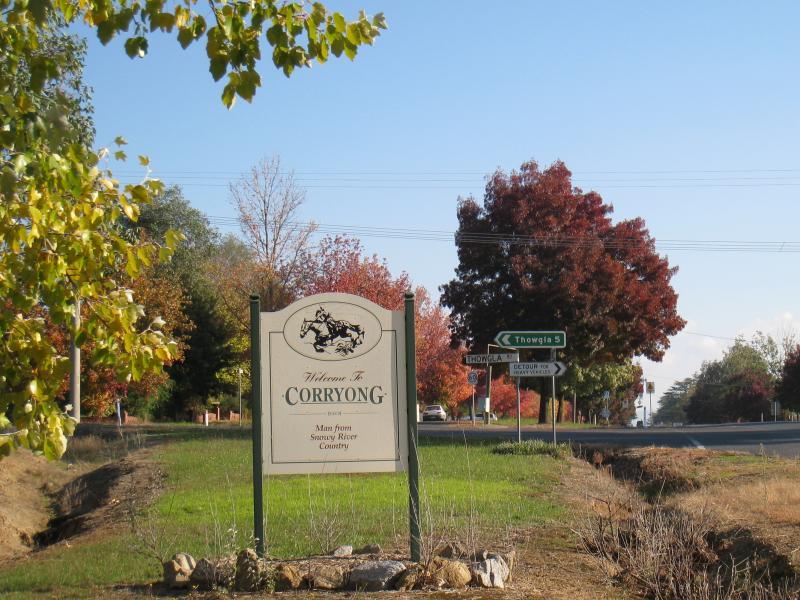 Corryong - Towong Road and Murray Valley Highway, east end of Corryong: Town sign, Towong Rd at Thowgla Rd
