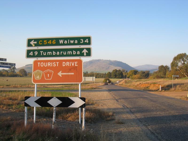 Corryong - Town of Towong, north-east of Corryong: View north-east along Towong Hill Rd at Murray River Rd