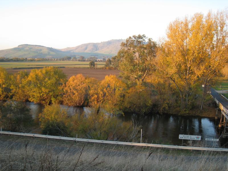 Corryong - Murray River at Towong (state border with N.S.W.): View from Sullivan St, north-east towards Murray River and bridge