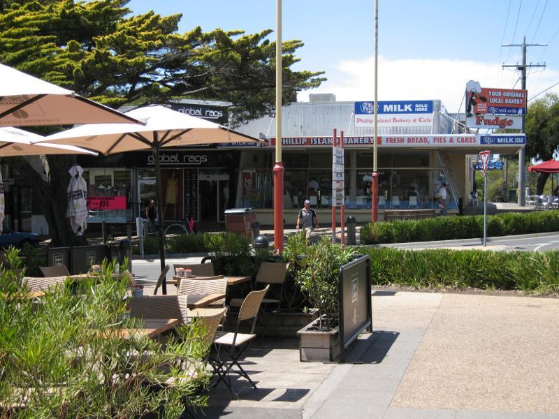 Cowes - Shops and commercial centre, Thompson Avenue north of Church Street: View east across Thompson Av at Chapel St towards bakery