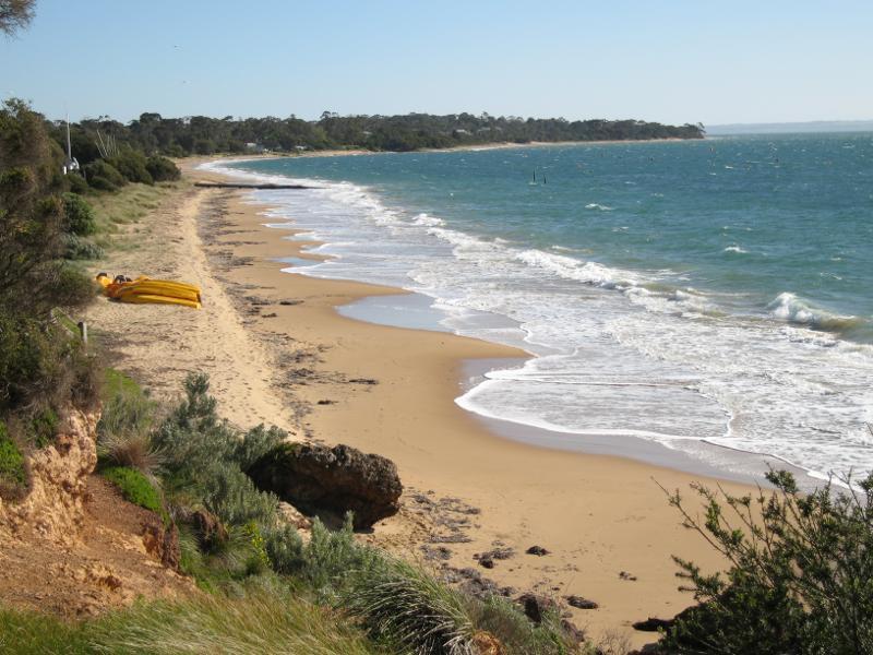 Cowes - Coast between Cowes Jetty and Mussel Rocks: View west along beach from Mussel Rocks