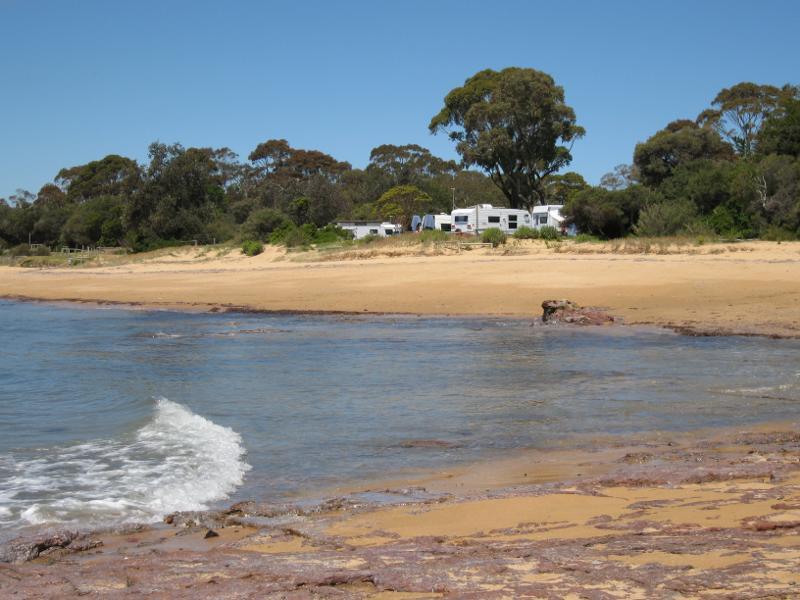 Cowes - Coast at Richardson Point, at end of McHaffie Drive: View south-east across beach towards caravan park