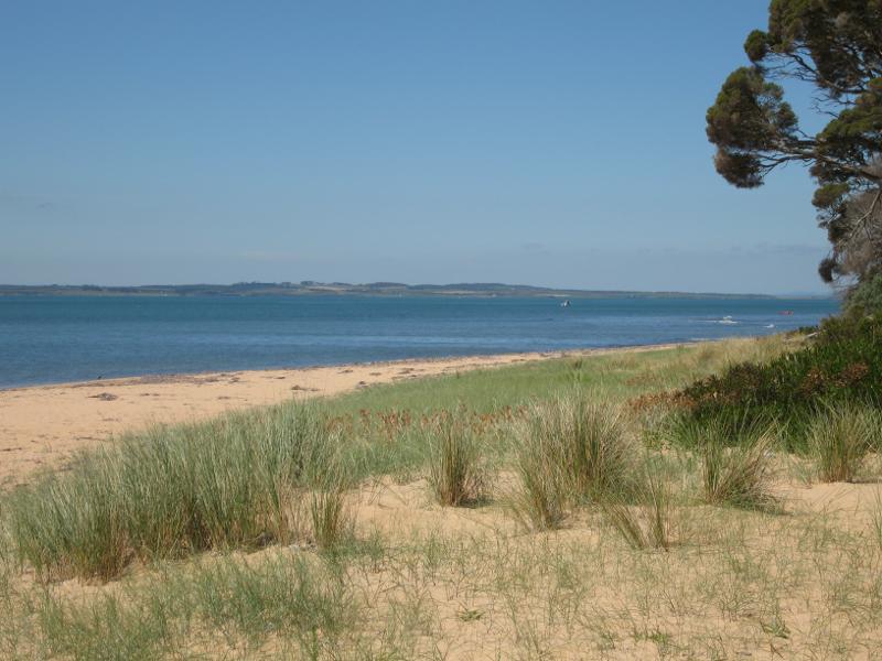 Cowes - Beach at end of Justice Road: View across beach towards French Island