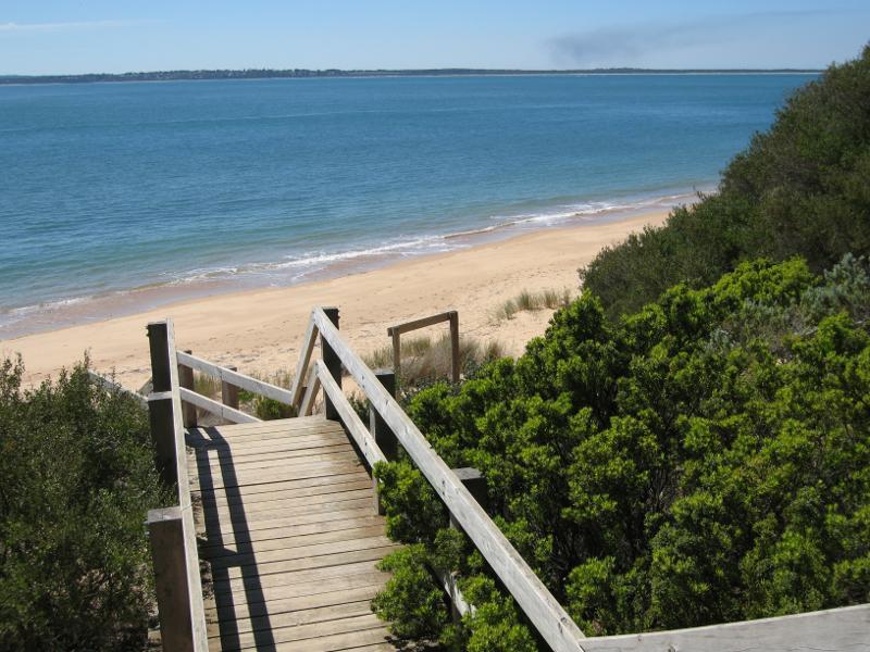 Cowes - Red Rocks and Penguin Point at end of Red Rocks Road: View down to beach from steps at picnic area