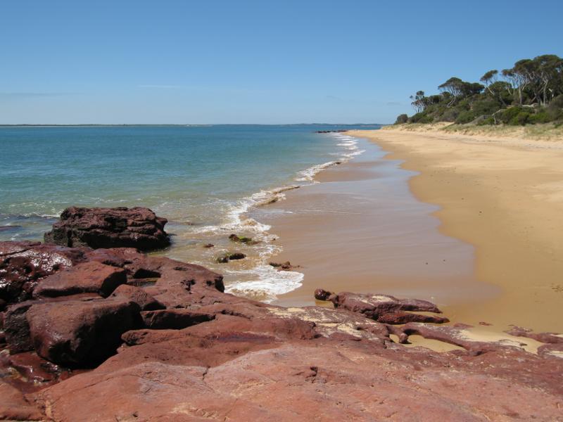 Cowes - Red Rocks and Penguin Point at end of Red Rocks Road: View north-east along beach at Penguin Rock