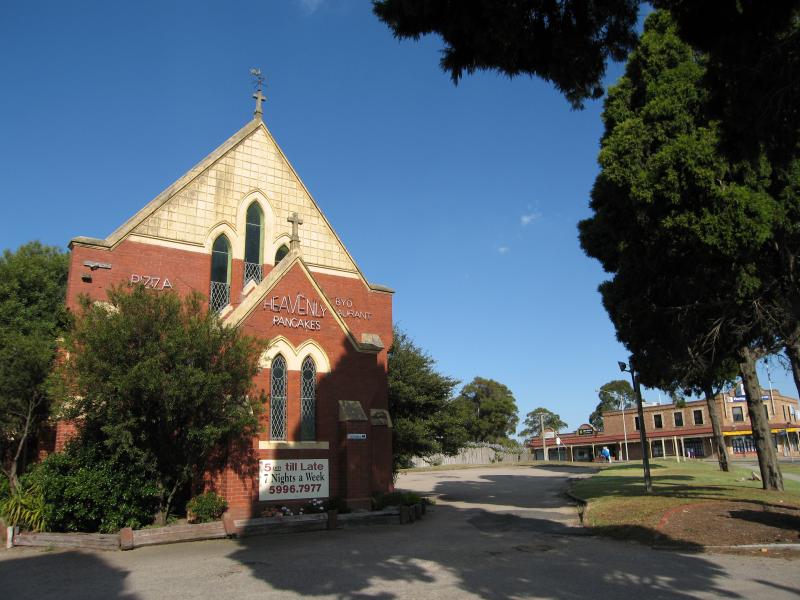 Cranbourne - Commercial centre and shops, High Street: Heavenly Pancakes, former church building corner High St and Stawell St