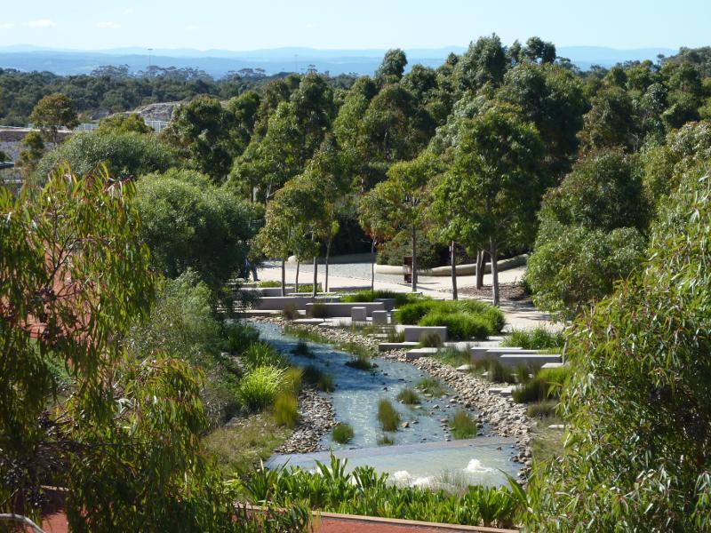 Cranbourne - Australian Garden at Royal Botanic Gardens Cranbourne: View from visitor centre towards Rockpool Waterway