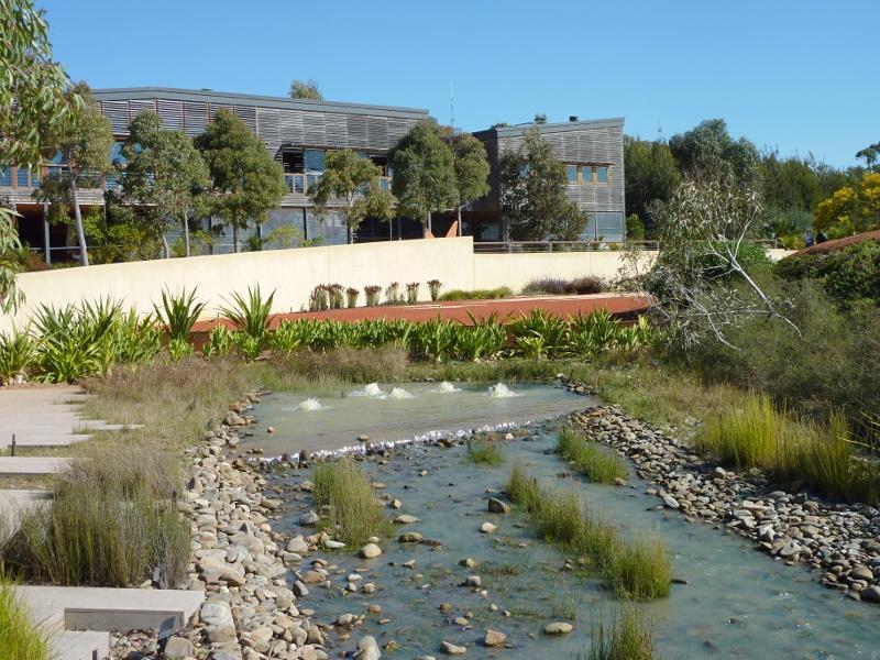 Cranbourne - Australian Garden at Royal Botanic Gardens Cranbourne: View along Rockpool Waterway towards visitor centre