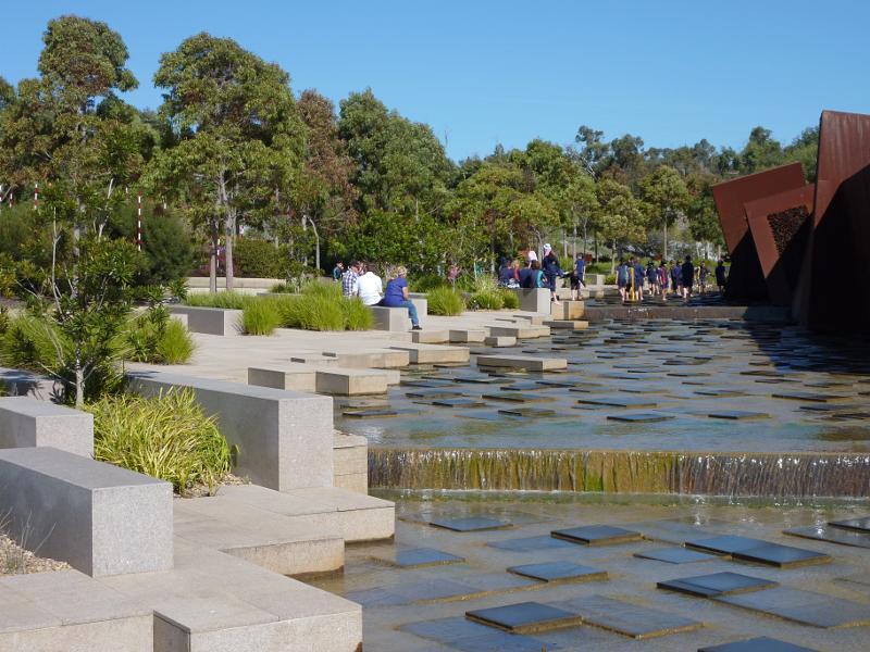 Cranbourne - Australian Garden at Royal Botanic Gardens Cranbourne: View south along Rockpool Waterway beside Escarpment Wall Sculpture
