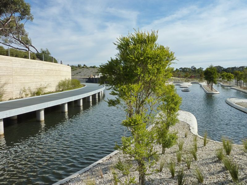 Cranbourne - Australian Garden at Royal Botanic Gardens Cranbourne: Melaleuca Spits viewed from Arbour Garden Bridge