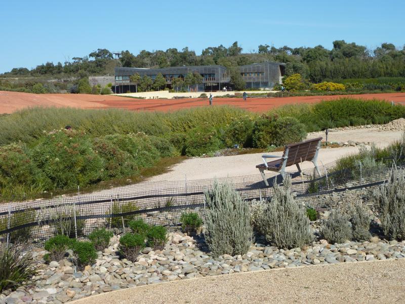 Cranbourne - Australian Garden at Royal Botanic Gardens Cranbourne: View from Arid Garden towards Red Sand Garden and visitor centre