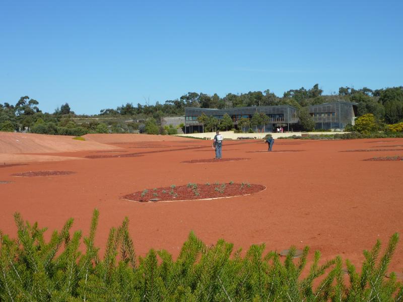 Cranbourne - Australian Garden at Royal Botanic Gardens Cranbourne: South-easterly view across Red Sand Garden towards visitor centre