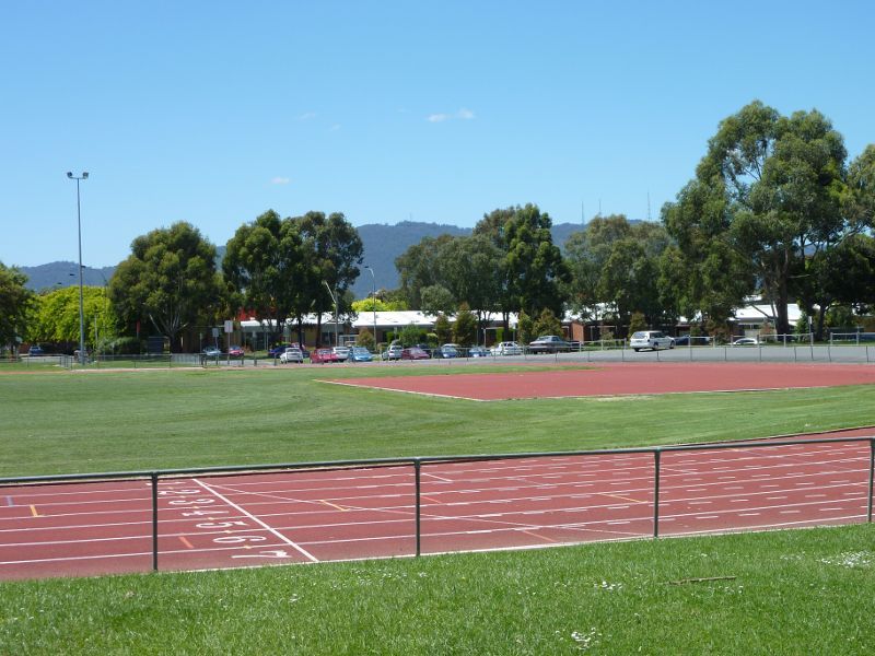 Croydon - Town Park, Mt Dandenong Road, Civic Square and Norton Road: View east over athletics track towards Norton Rd