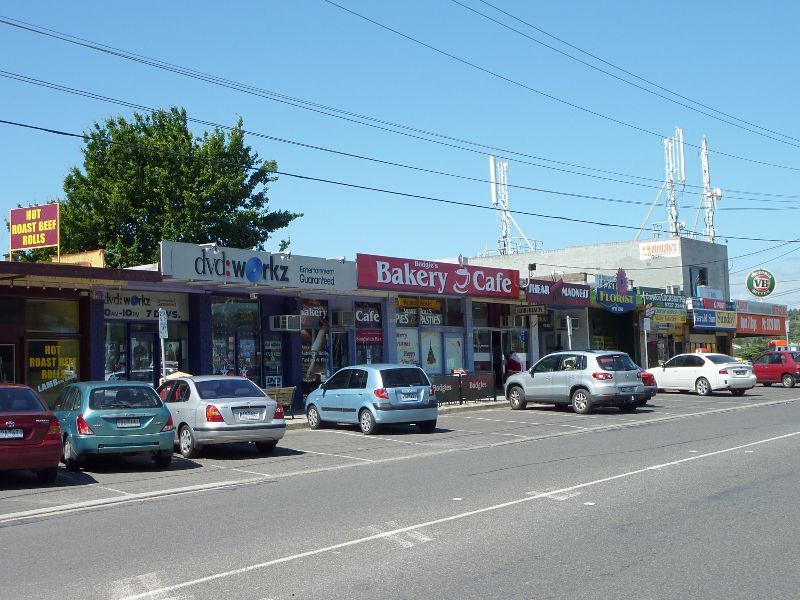 Croydon - Croydon North Community Shopping Centre, Exeter Road at Maroondah Highway: Shops along north side of Exeter Rd