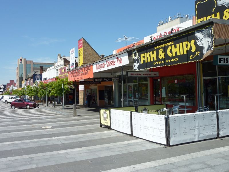 Dandenong - Shops and commercial centre, Lonsdale Street: View south along west side of Lonsdale St at Clow St