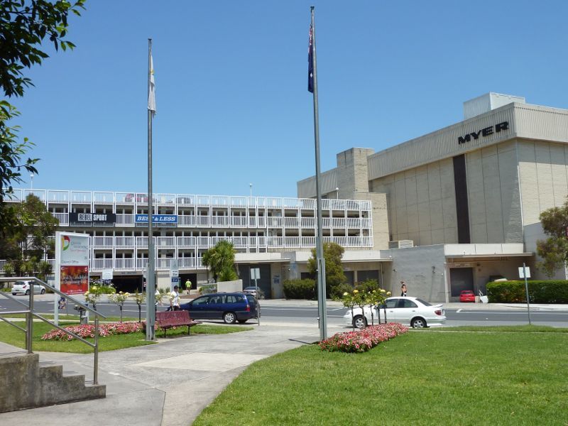 Dandenong - Dandenong Plaza Shopping Centre: View south across Clow St towards multi-level car park and Myer
