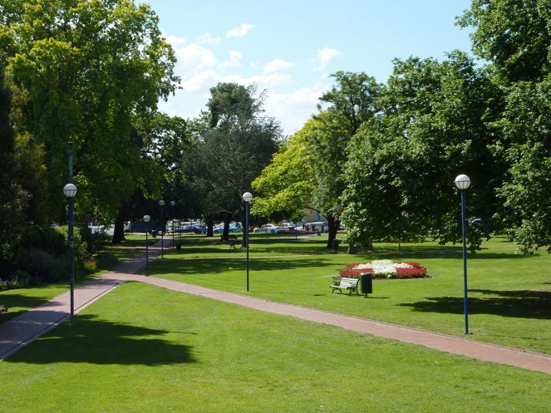 Dandenong - Dandenong Park, Foster Street and Pultney Street: North-westerly view through park from soundshell