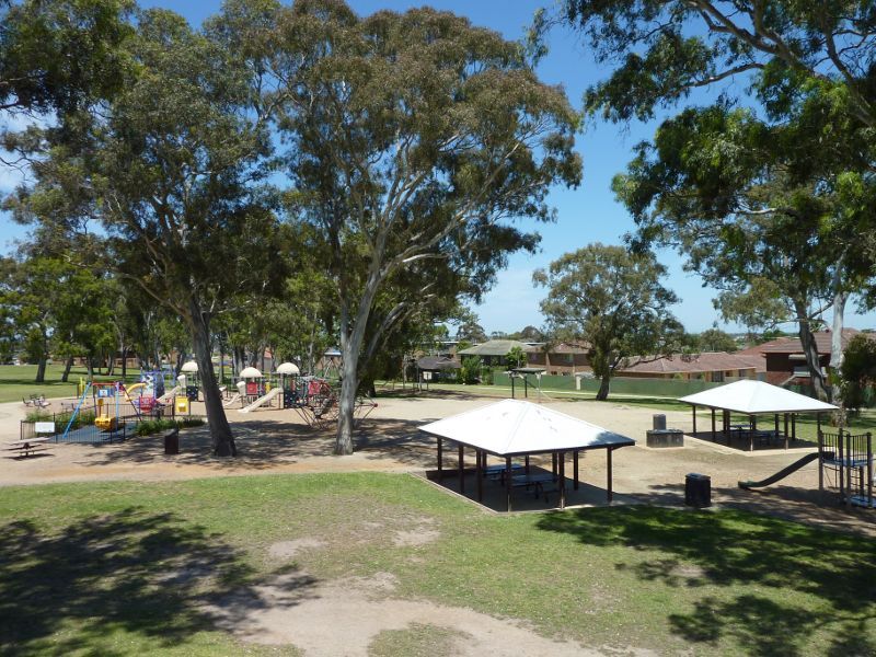 Dandenong - John Hemmings Memorial Park, Princes Highway: View towards playground and picnic shelters